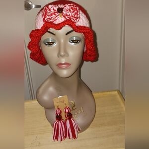 Handcrafted Red and Pink Crochet Hat with Earrings